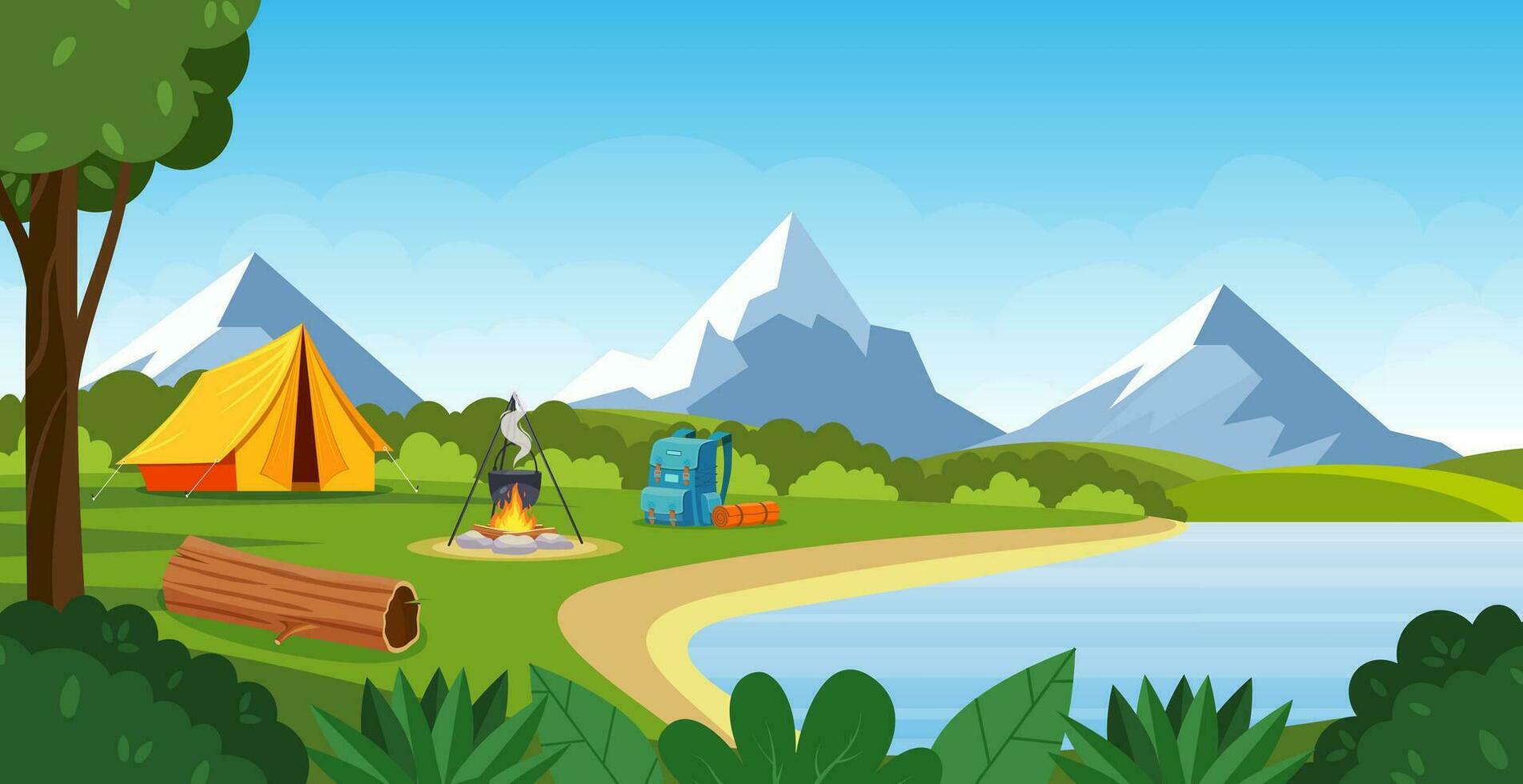 Summer camp with bonfire, tent, backpack . cartoon landscape with mountain, forest and campsite. Equipment for travel, hiking. Vector illustration in flat style