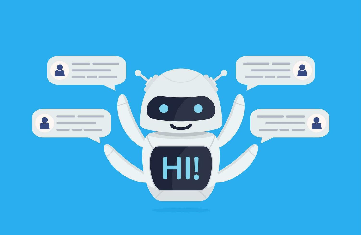 Chatbot robot concept. Cute bot say users Hi. Chatbot greets. Online consultation. Bot holds speech bubbles. Vector illustration in flat style