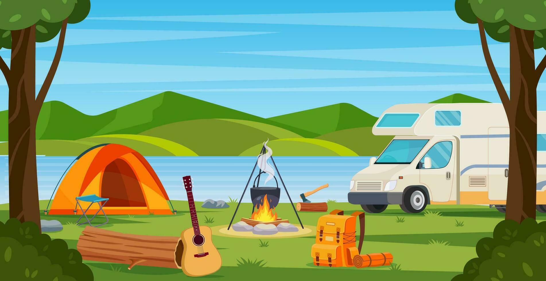 Summer camp in forest with bonfire, tent, van,backpack and lantern. cartoon landscape with mountain, forest and campsite. Equipment for travel, hiking. Vector illustration in flat style