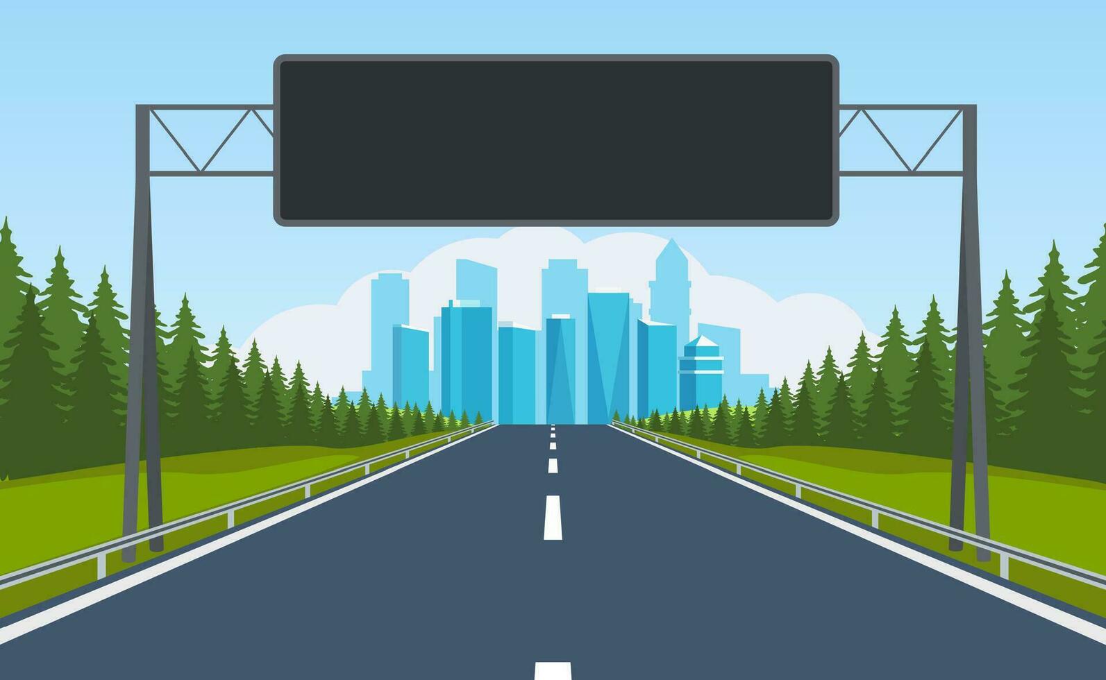 autopista la carretera. vacío la carretera con ciudad horizonte en horizonte y naturaleza paisaje. la carretera a ciudad con información panel. vector ilustración en plano diseño