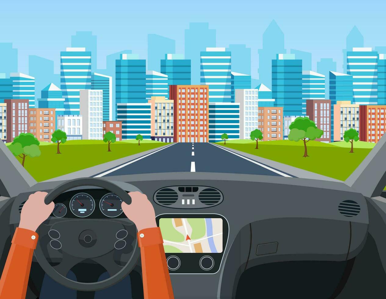 View of the road from the car interior. Road way to city buildings on horizon. Hands on Steering Wheel, inside car driver. modern big skyscrapers town far away ahead. Vector illustration in flat style