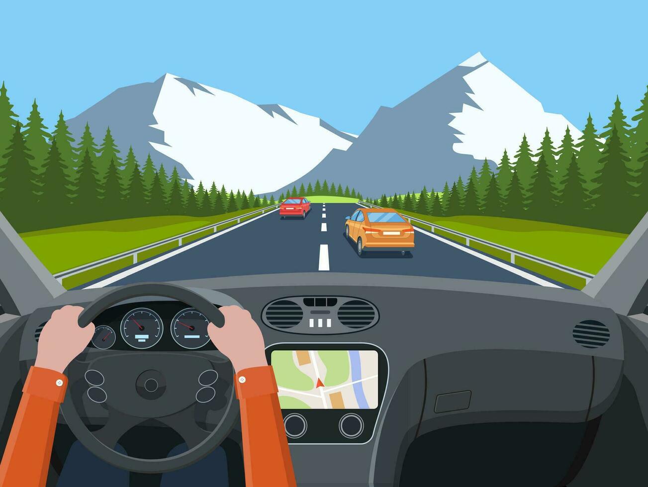 View of the road from the car interior. Vehicle salon, inside car driver . Road with cars. Hands on Steering Wheel. Car view steering and windshield. Vector illustration in flat style