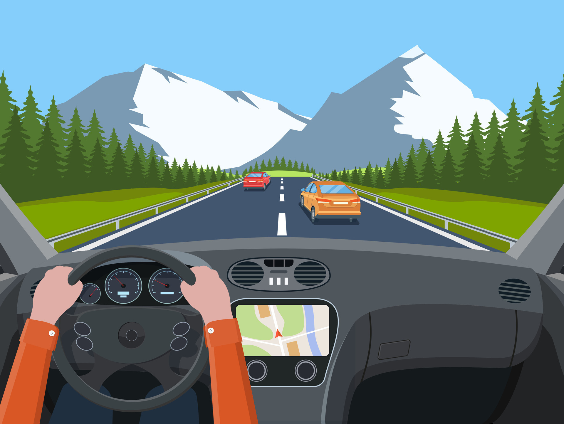View of the road from the car interior. Vehicle salon, inside car