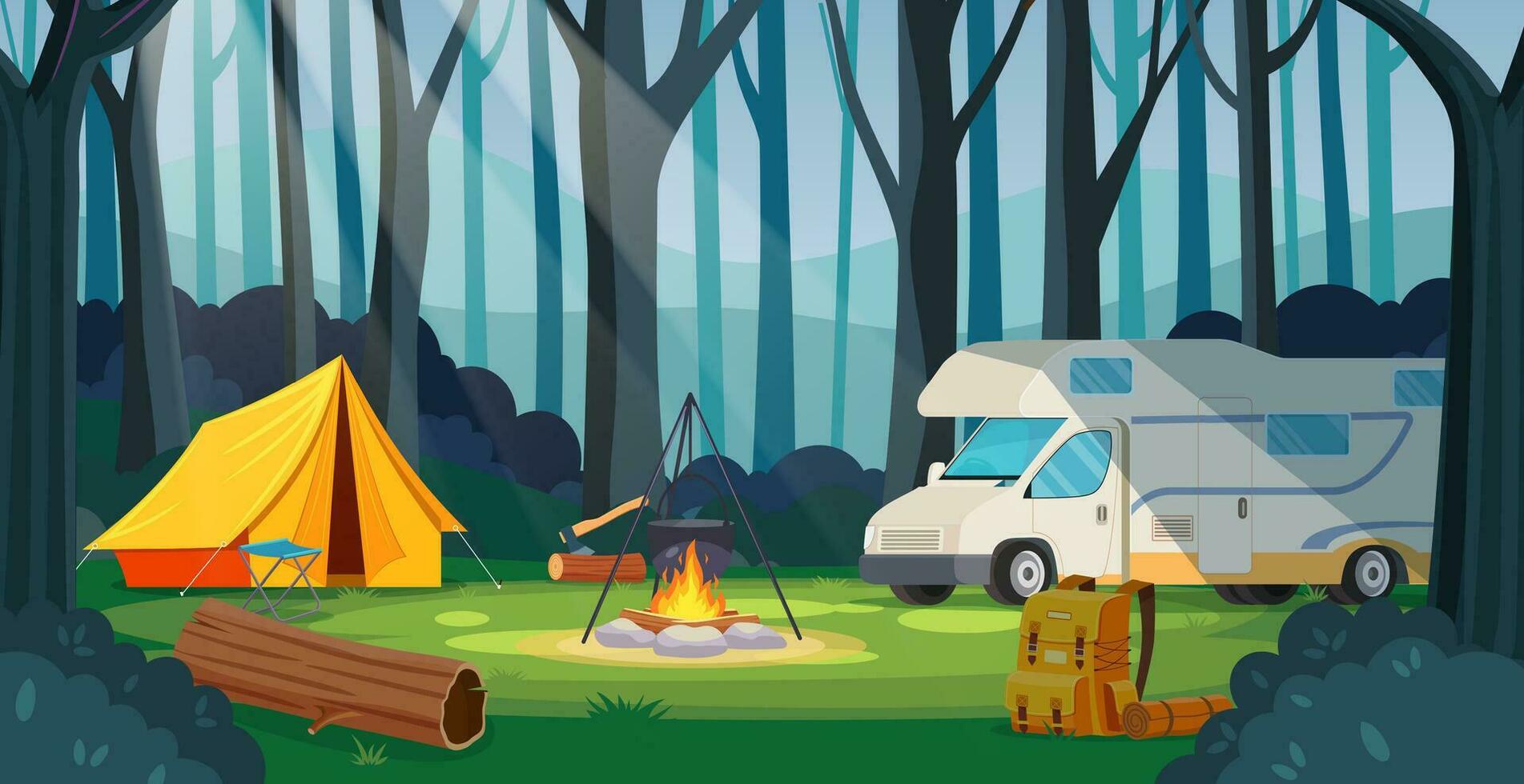 verano acampar en bosque con hoguera, carpa, furgoneta, mochila. dibujos animados paisaje , bosque y cámping. equipo para viajar. vector ilustración en plano estilo