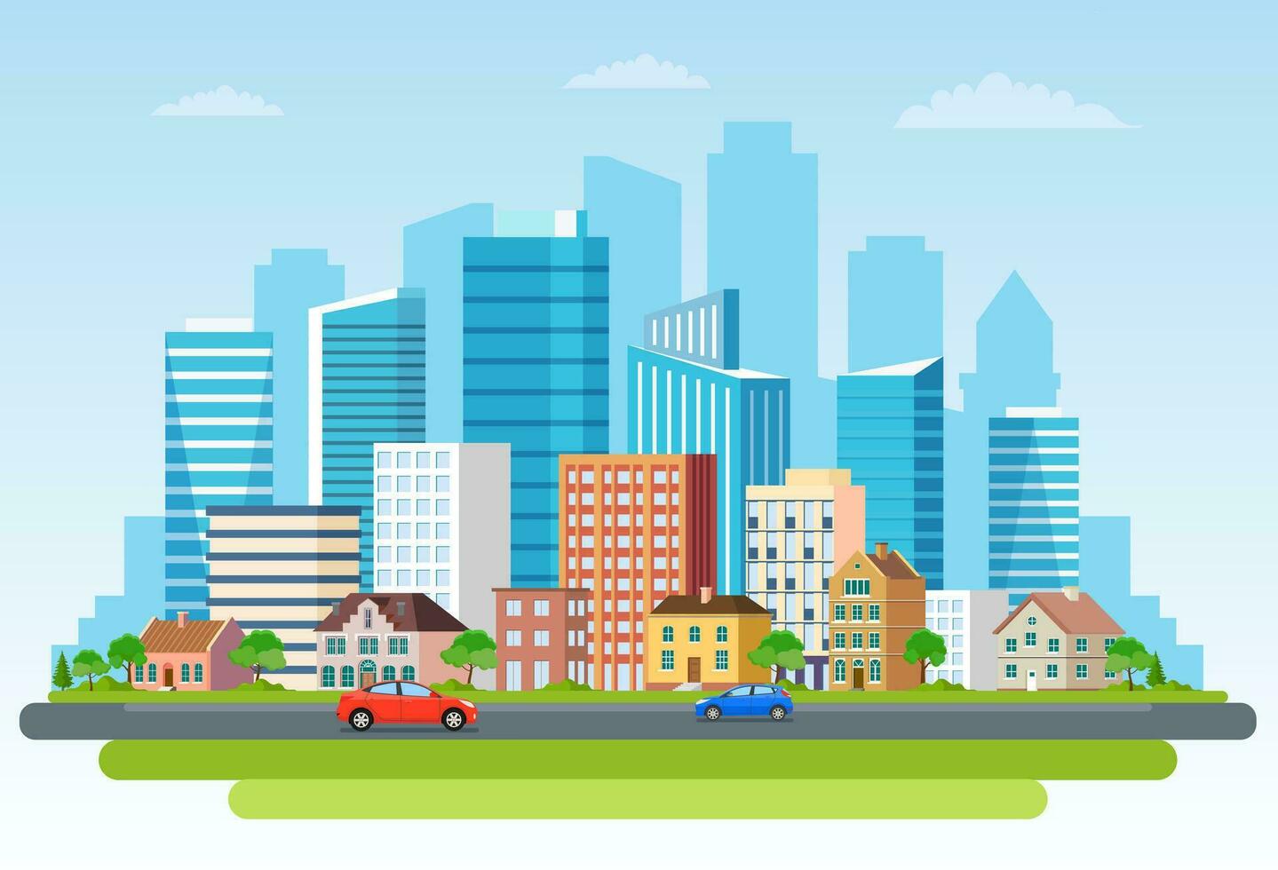 Landscape with buildings, mountains and hills. city concept and suburban life. City street, large modern buildings, skyscrapers and suburb with private houses and car Vector illustration in flat style