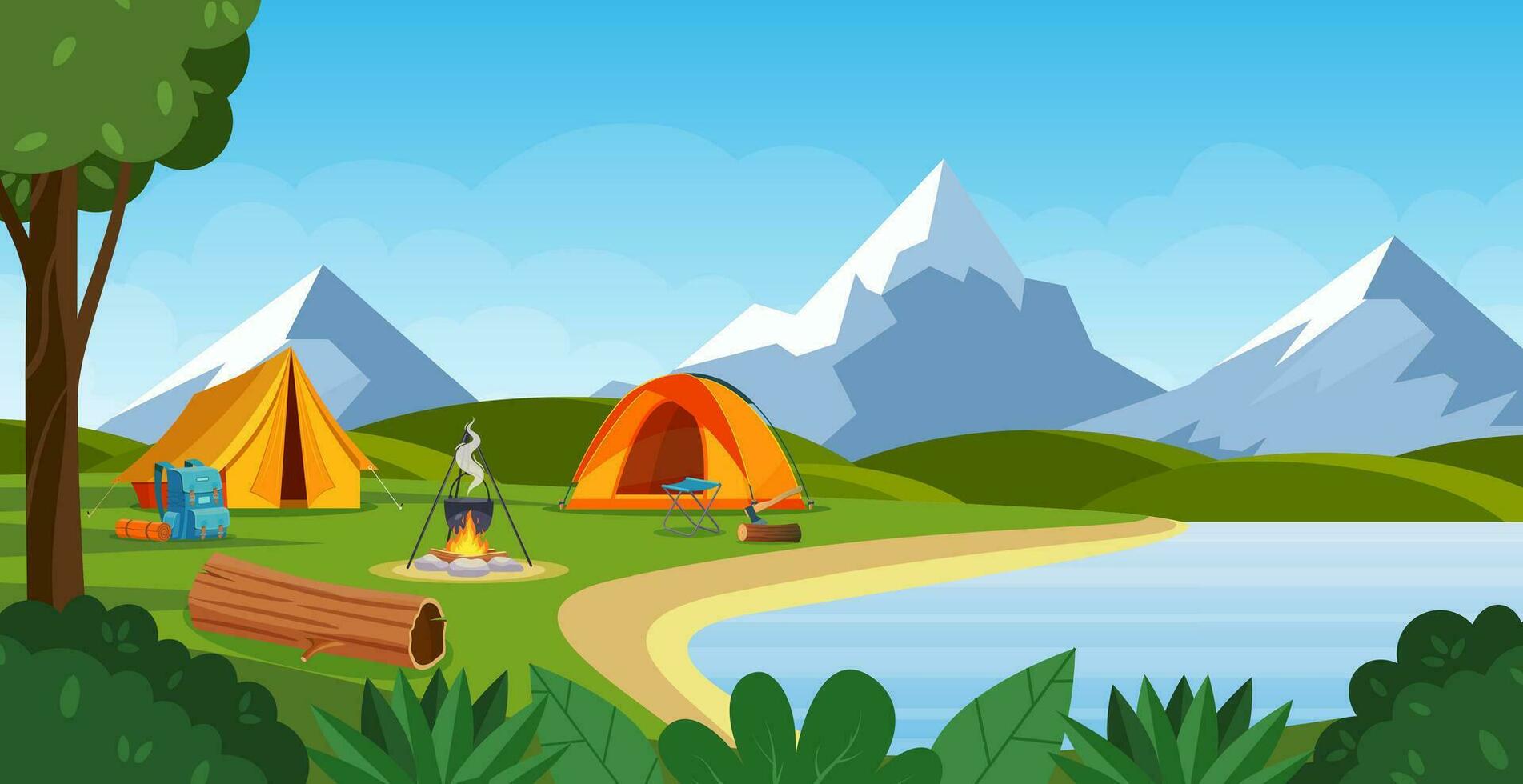 Summer camp with bonfire, tent, backpack . cartoon landscape with mountain, forest and campsite. Equipment for travel, hiking. Vector illustration in flat style