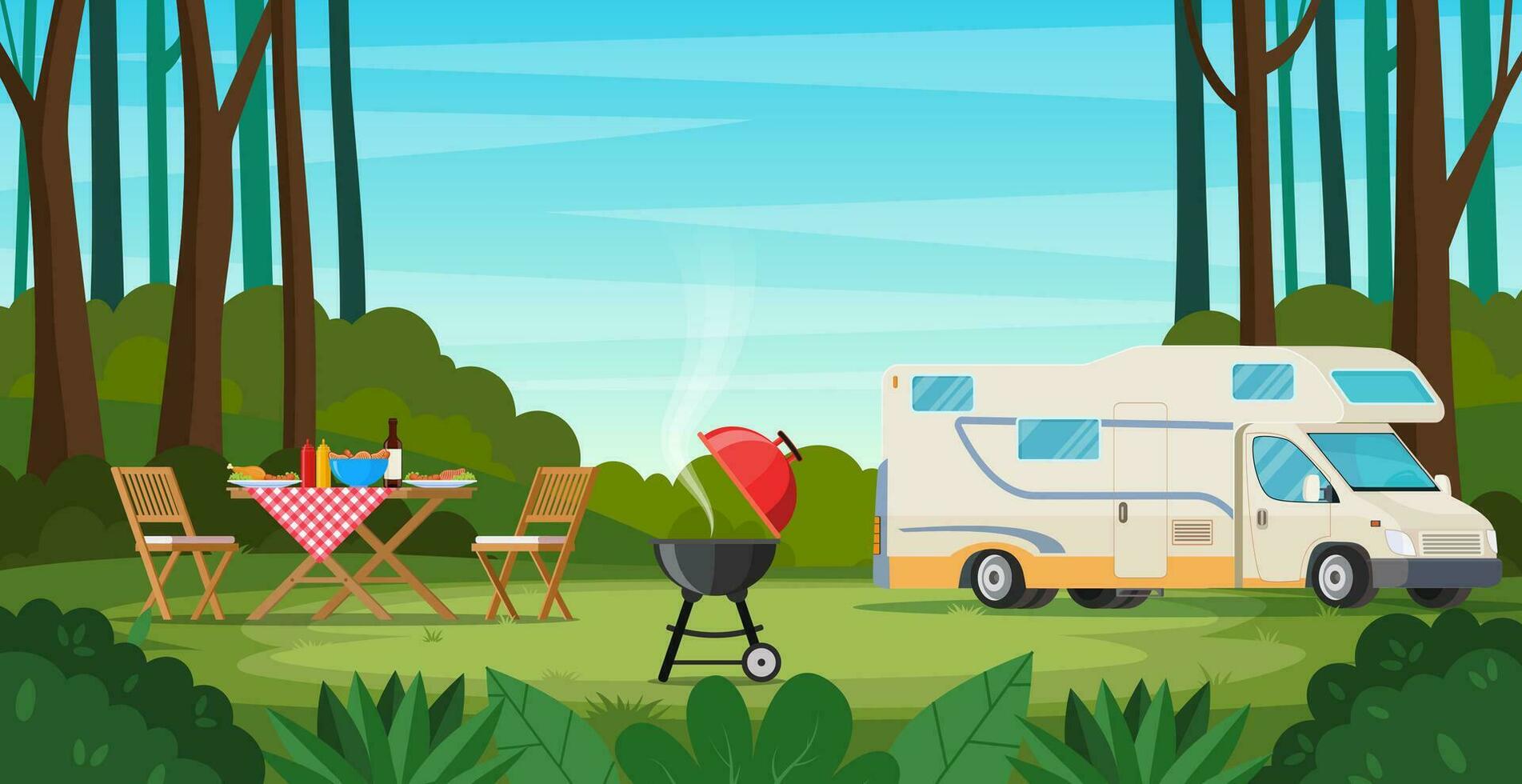 Camper with barbecue folding table deckchair. Summer camping. Outdoor nature adventure, active tourism in summertime background. Vector illustration in flat style