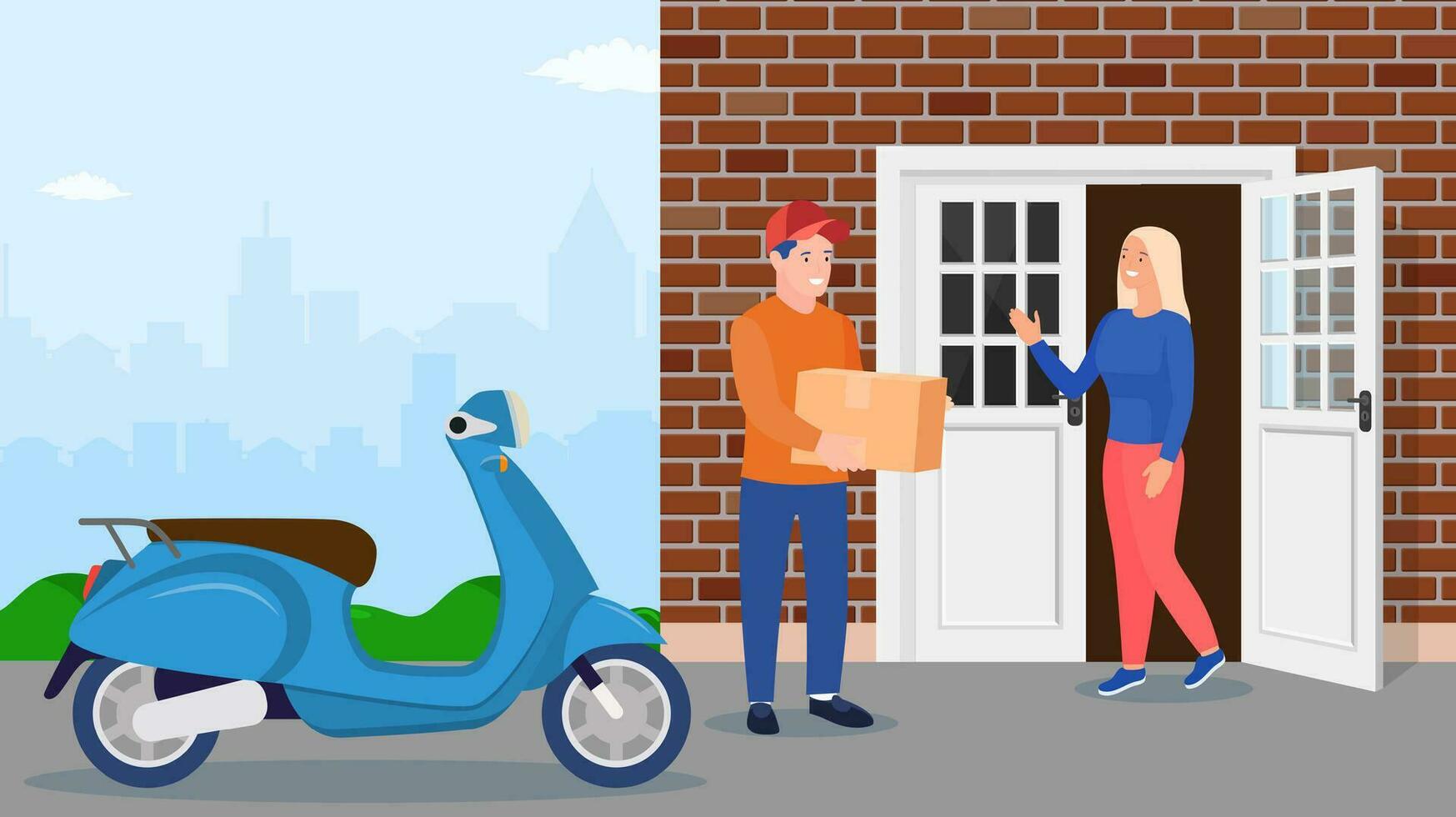Man left cardboard boxes with goods near house facade. Courier character holds parcel. Carton delivery packaging closed box. Free and fast shipping. Vector illustration in flat style
