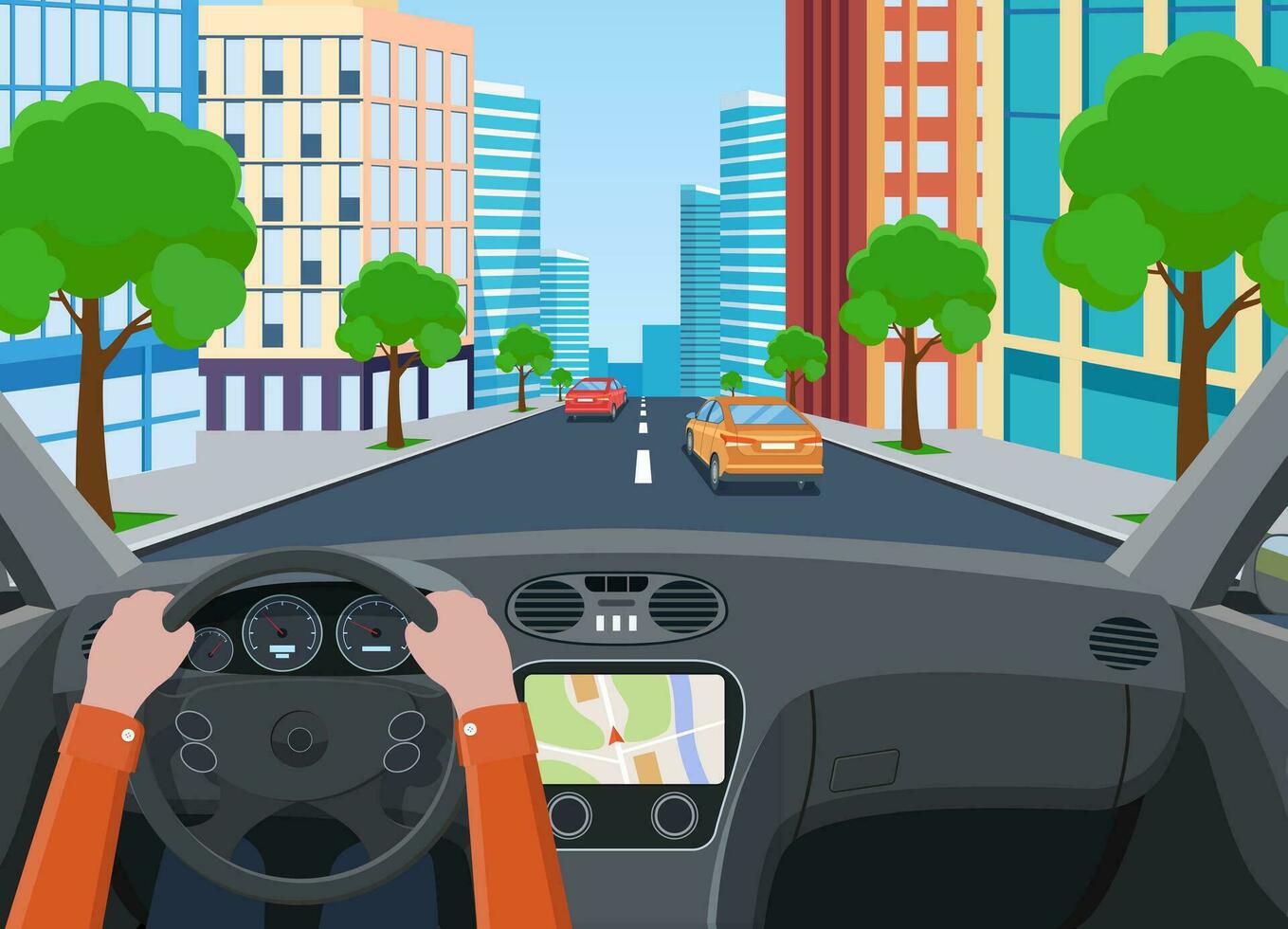 View of the road from the car interior. Road with cars.. Hands on Steering Wheel, inside car driver. modern big skyscrapers town far away ahead. Vector illustration in flat style