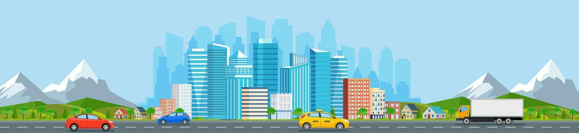 Landscape with buildings, mountains and hills. city concept and suburban life. City street, large modern buildings, skyscrapers and suburb with private houses and car Vector illustration in flat style
