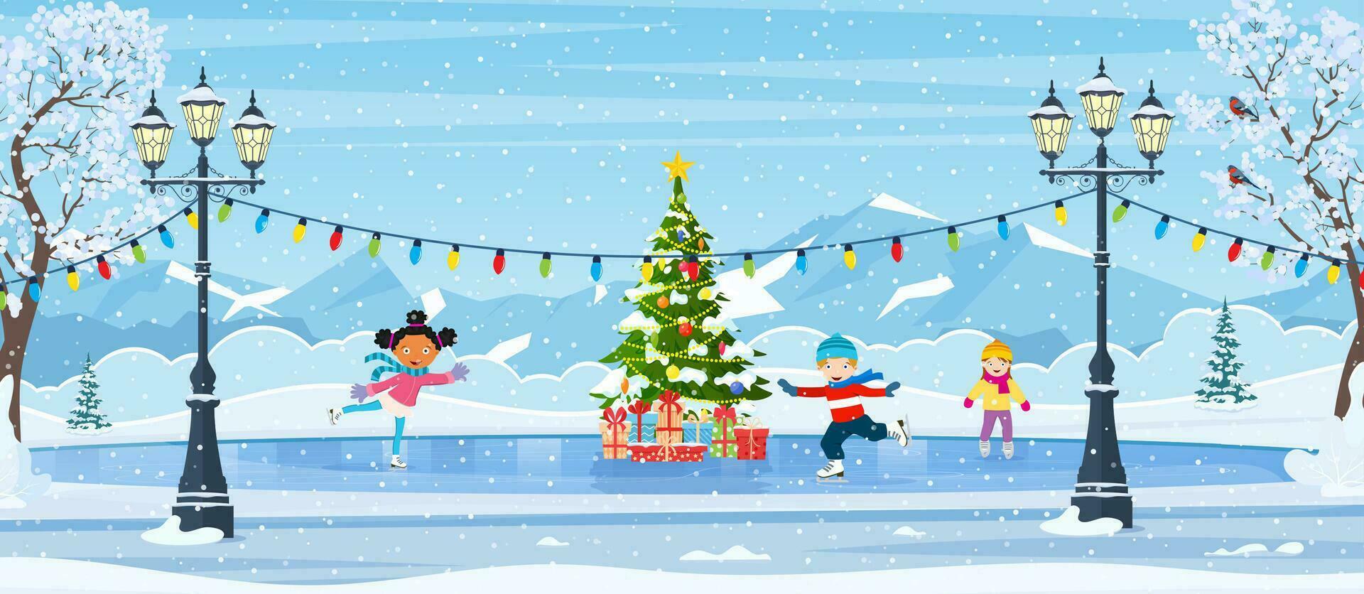 Christmas ice rink with fir tree decorated with illumination. Winter scene with skating children. cartoon frozen landscape with mountain. Winter day park scene. Vector illustration in flat style