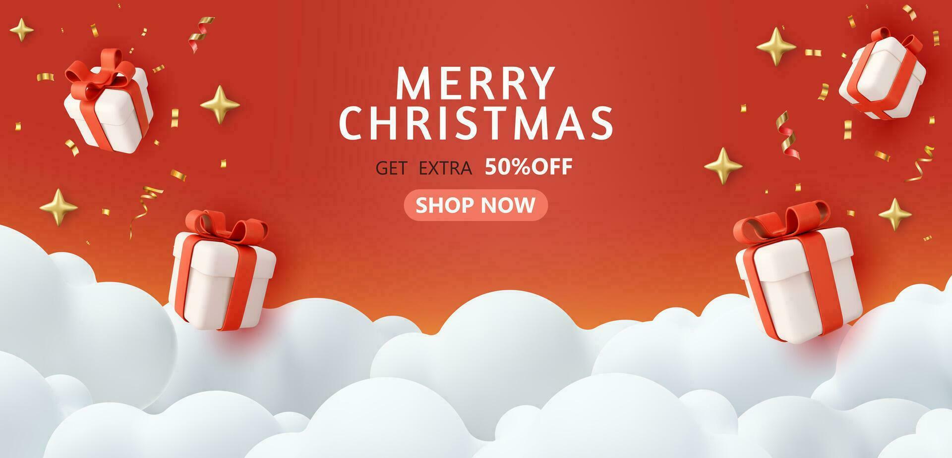 Merry Christmas sale banner template. Advertising poster for the store. Red banner for website or flyer. 3d rendering. Vector illustration