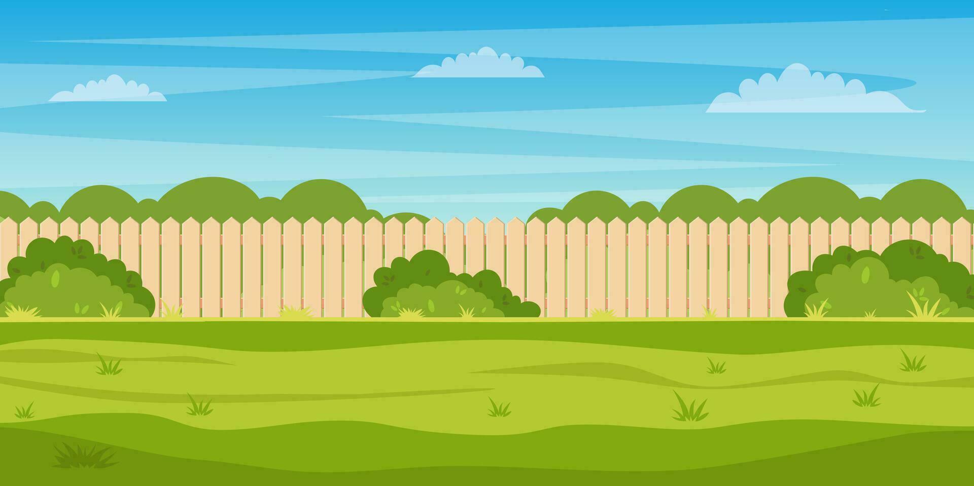 Garden backyard with wooden fence hedge, green trees and bushes, grass , park plants. Spring or summer landscape. Patio area for BBQ summer parties. Vector illustration in flat style