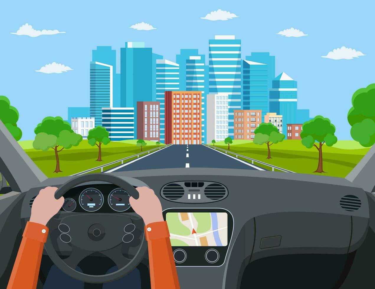 View of the road from the car interior. Road way to city buildings on horizon. Hands on Steering Wheel, inside car driver. modern big skyscrapers town far away ahead. Vector illustration in flat style