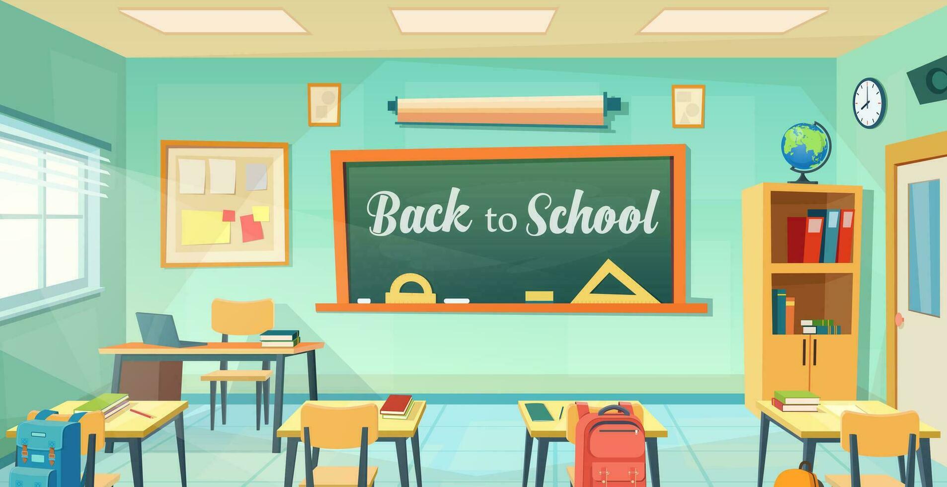 Empty school classroom cartoon . Back to school design template. Education concept. college or university training room with chalkboard, table, desks, chairs. Vector illustration in a flat style