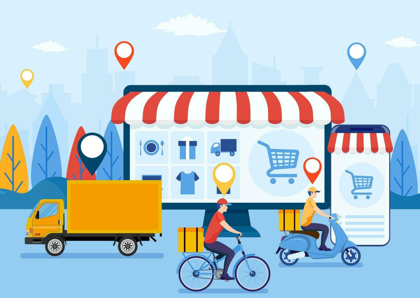 en línea entrega Servicio ui Internet Envío concepto. transporte y logístico digital compras anuncio bandera. vector ilustración en plano estilo