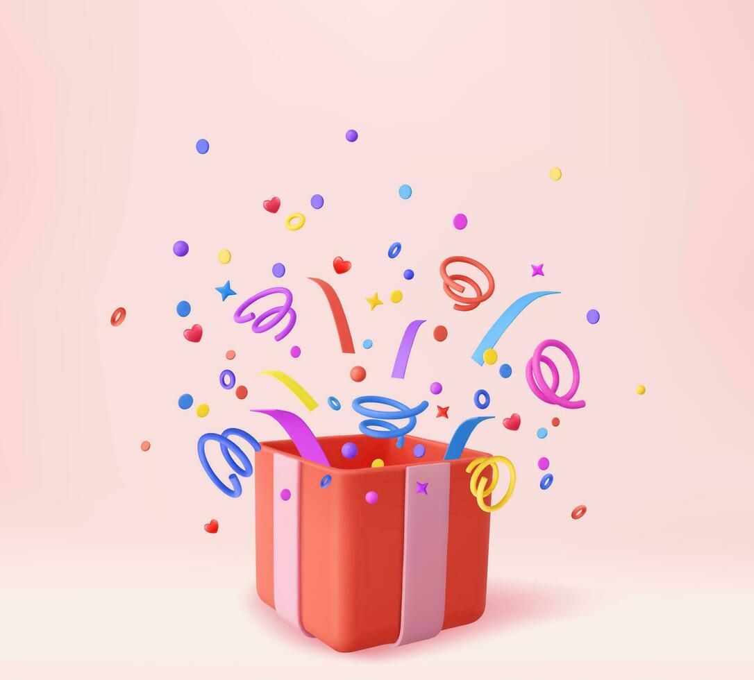 3d Cute Surprise Gift Box With Falling Confetti. Present box as prize concept. Christmas and New Year s surprise. Present box for birthday. 3d rendering. Vector illustration