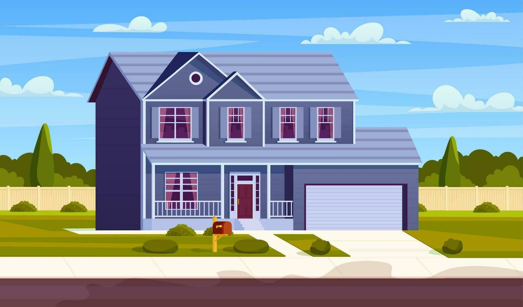 Suburban house, residential cottage, real estate countryside building exterior. Suburban home facade with garden and lawn and garage. Vector illustration in flat style