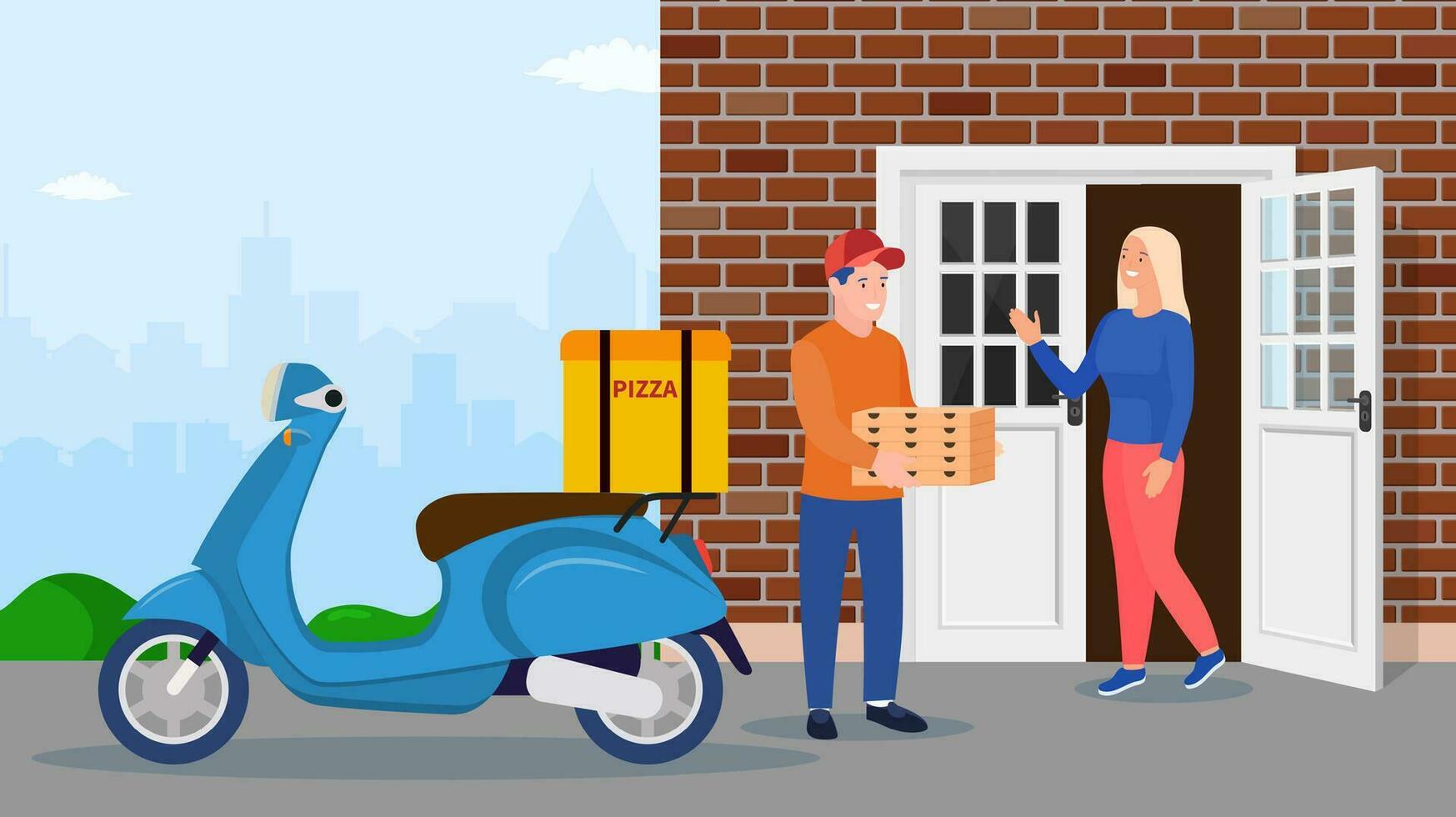 delivery man bringing a pile of pizza boxes near house facade. Courier character holds pizza. Free and fast shipping. Vector illustration in flat style