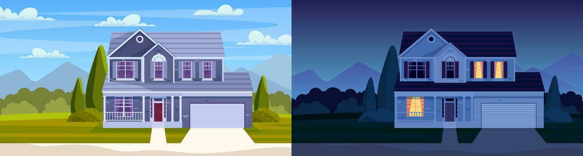 Day and night house. Street in suburb district with residential house. cartoon landscape with suburban cottage. City neighborhood with real estate property. Vector illustration in a flat style