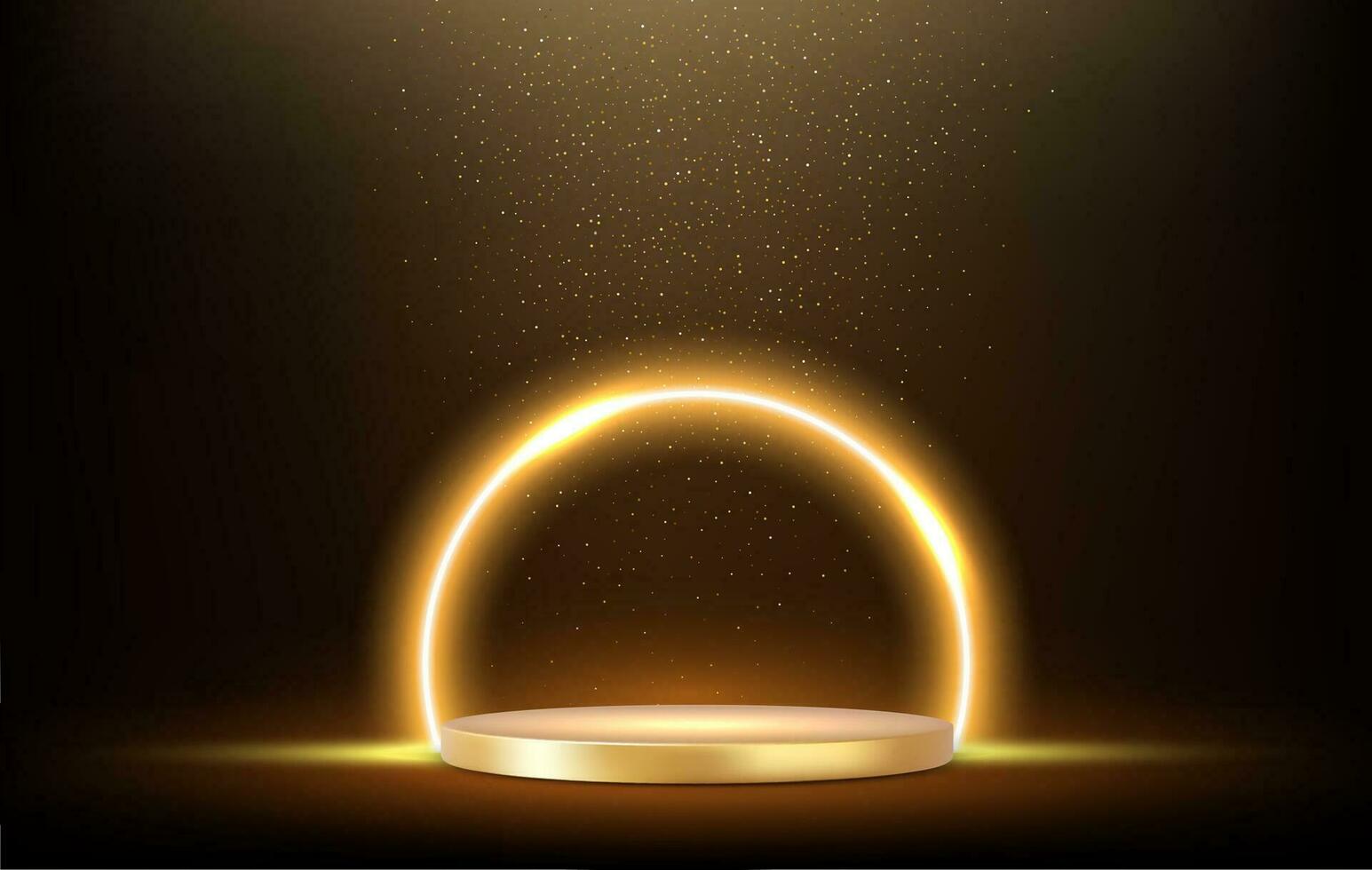 3d Golden podium under falling gold glitter isolated on dark background. vector