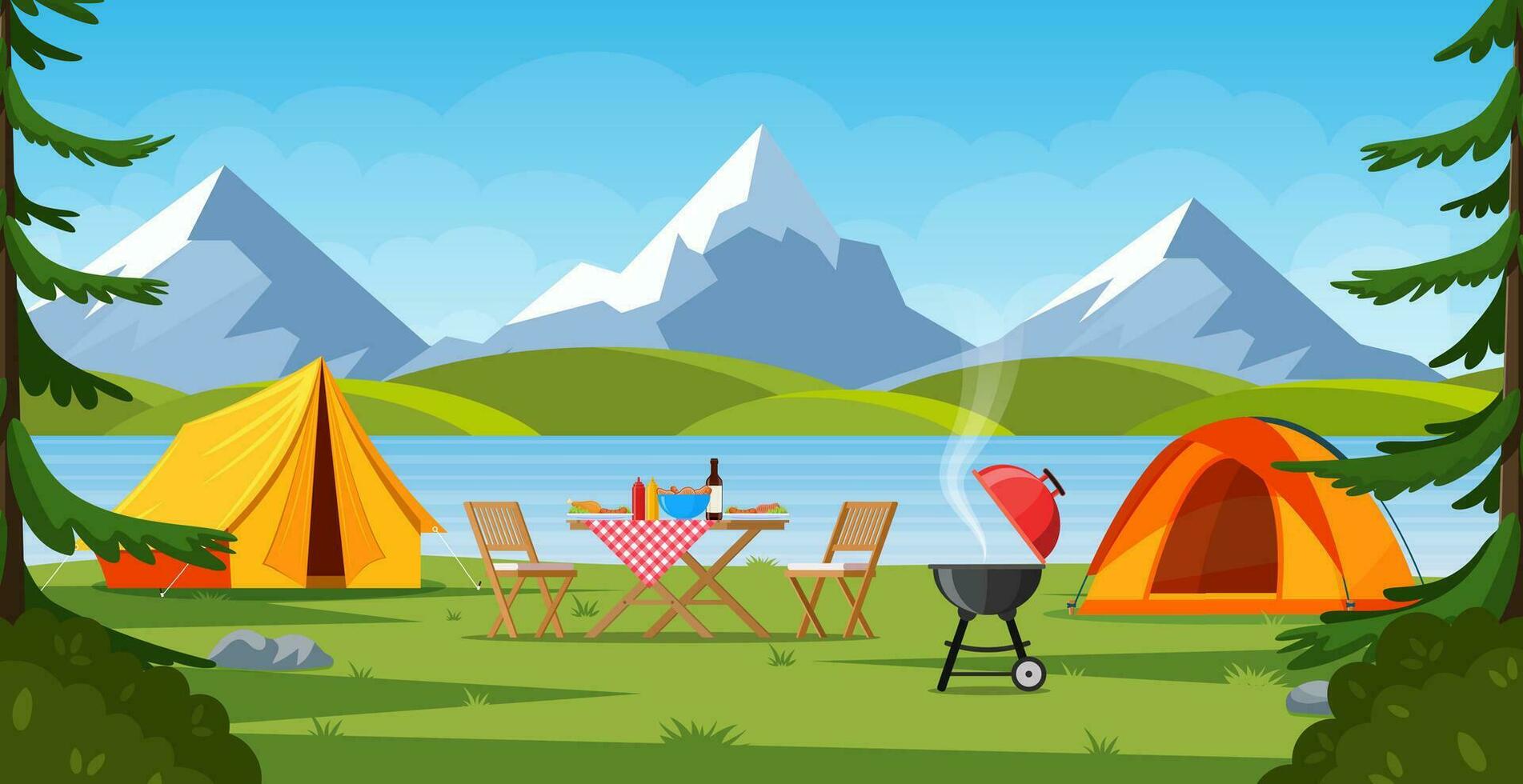 cámping tienda cerca el lago y montañas. verano o primavera paisaje. dibujos animados turista acampar con picnic Mancha y tienda entre bosque, montaña paisaje. vector ilustración en plano estilo