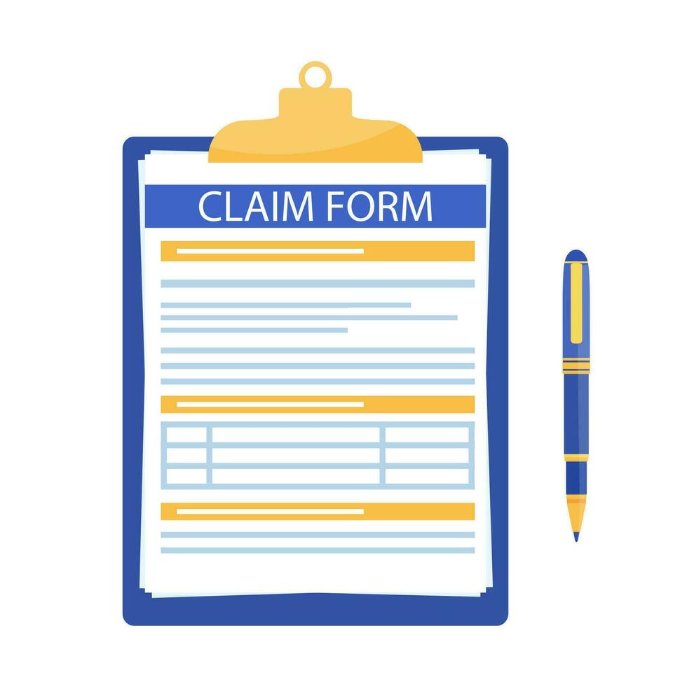 clipboard with pen and claim form. Modern icon design Concept of fill out or online survey insurance application form. Vector illustration in flat style