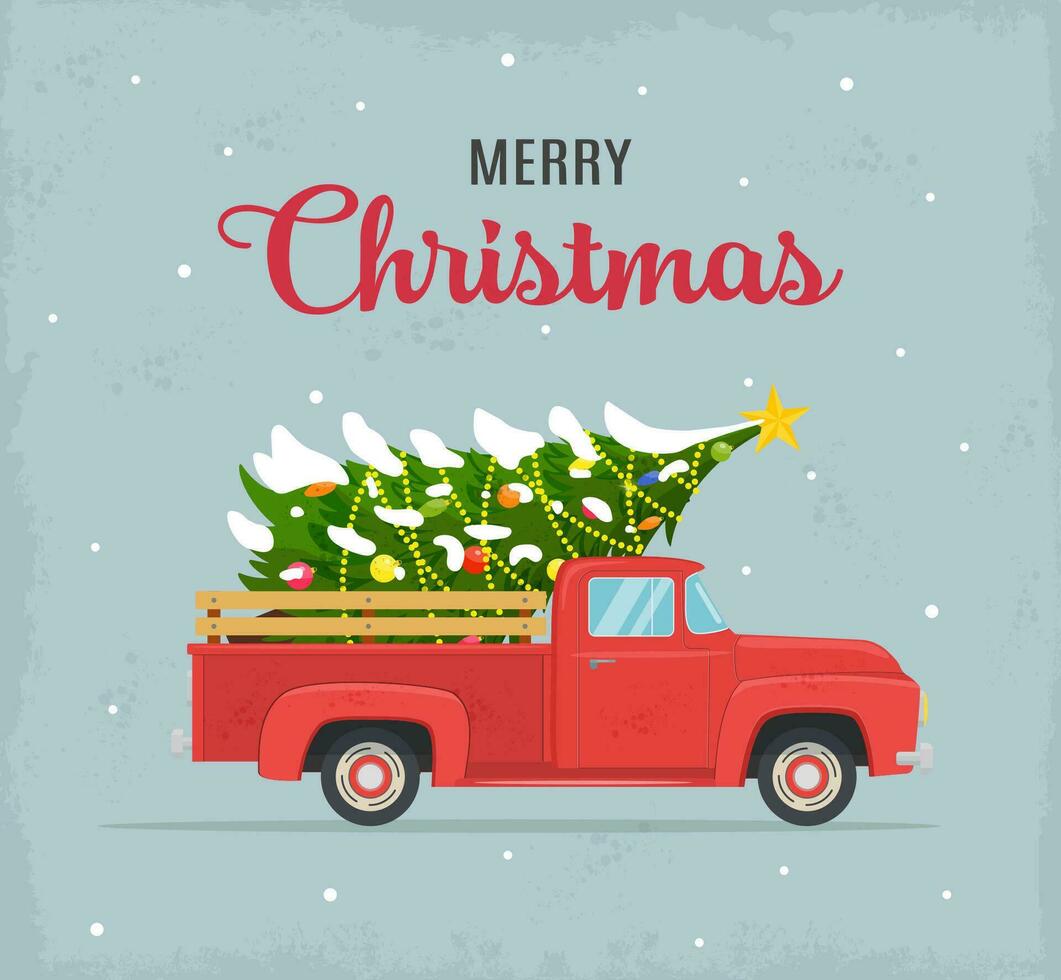 Christmas card or poster design with retro red pickup truck with christmas tree on board. Template for new year party or event invitation or flyer. Vector illustration in flat style