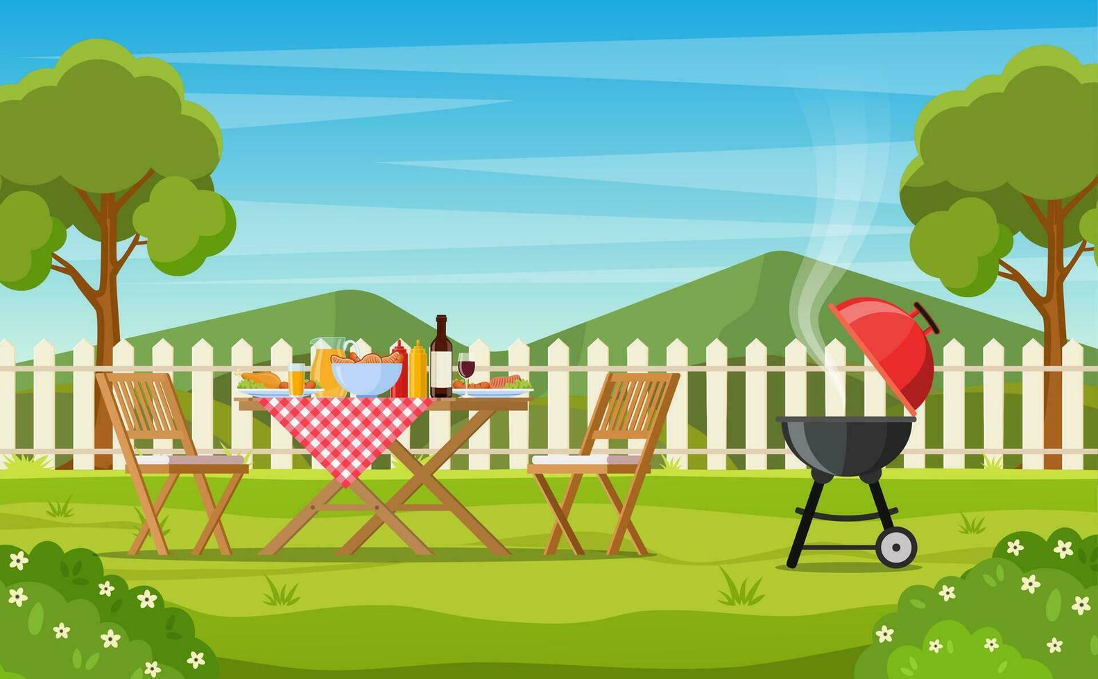 bbq party in the backyard with fence, trees, bushes. picnic with barbecue on summer lawn in park or garden food on table, chairs. vector illustration in flat design