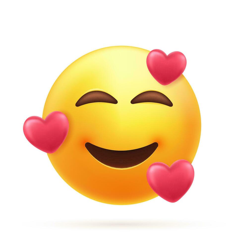 3d Smiling emoticon with three hearts. Emoji with hearts in love face, expresses happy, affectionate feelings, especially being in love. Vector illustration