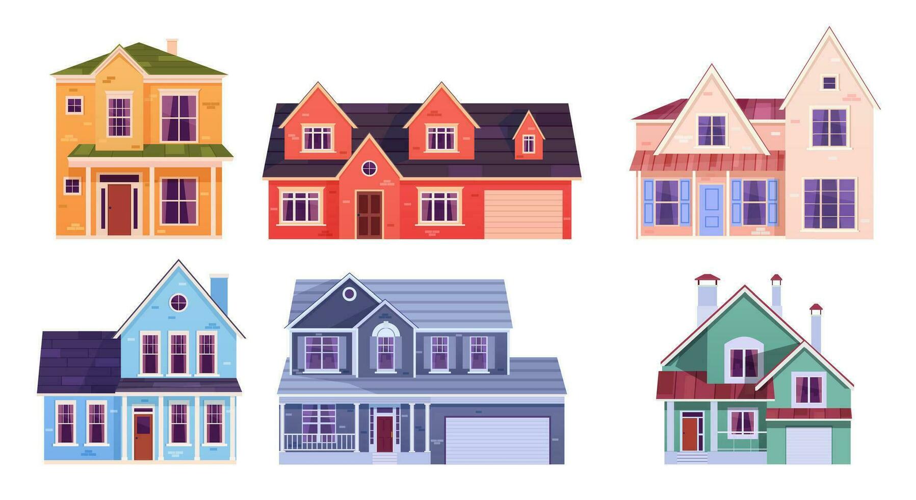 Residential houses exterior in suburb district. cartoon set of suburban cottages, modern real estate property. Two storey suburban dwelling architecture with garages. Vector illustration in flat style