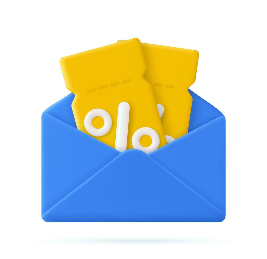 3d hacer abierto correo sobre con vacío cupones con porcentaje firmar icono aislado en blanco antecedentes. compra concepto con promocional oferta y prima, vale. vector ilustración