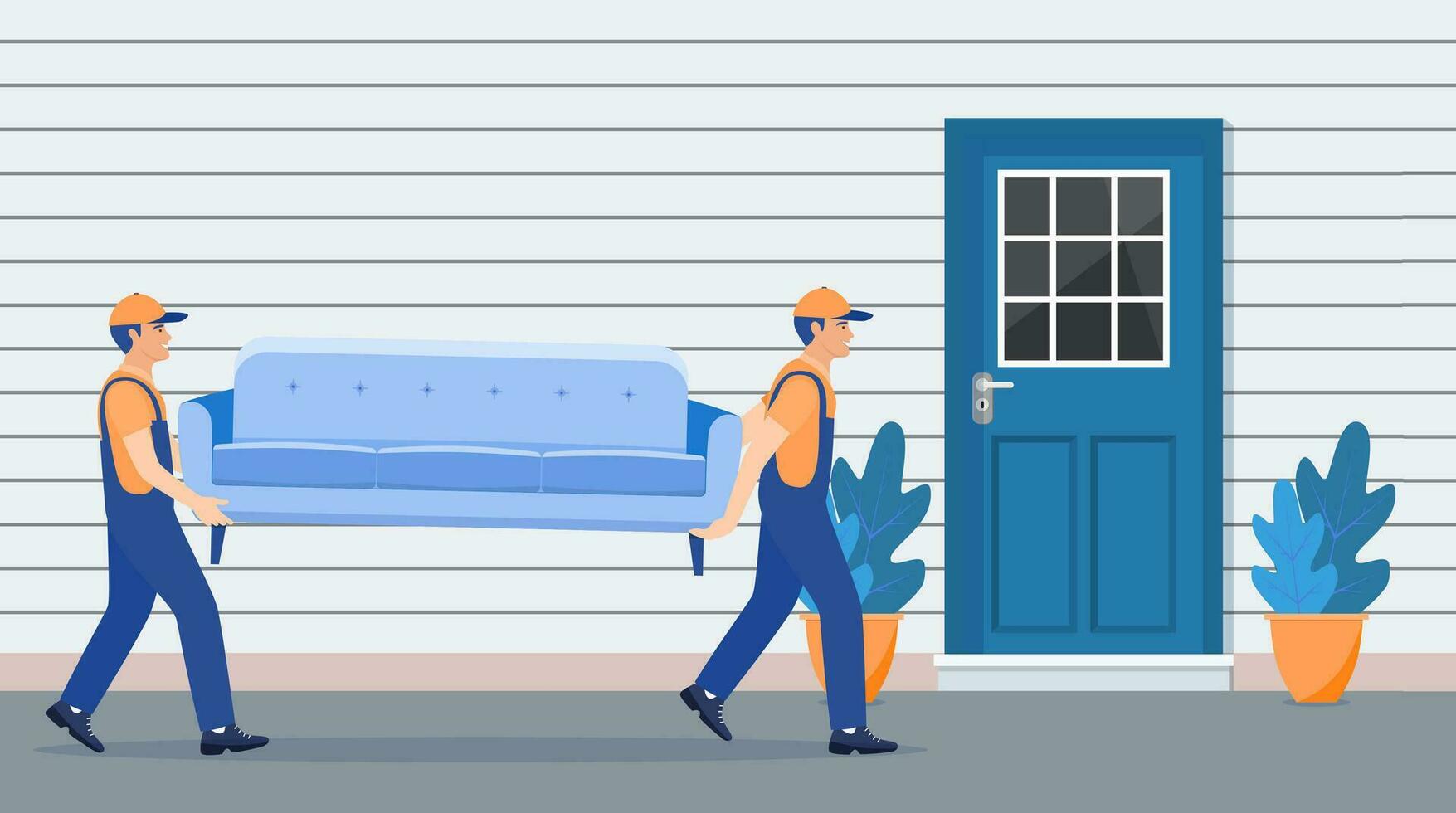 Delivery and relocation service concept. moving house. Delivery character man movers carry sofa. Vector illustration in flat style