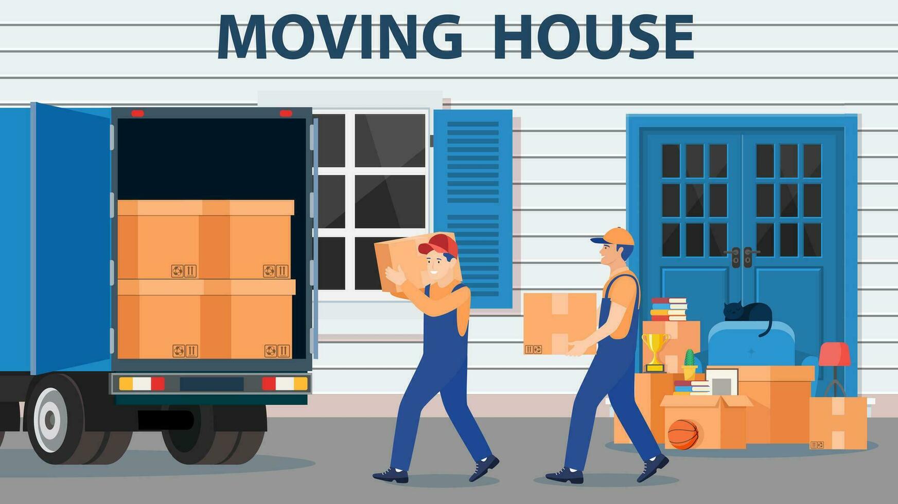 Moving to new house. Family relocated to new home. Male mover, paper cardboard boxes near house facade. Package for transportation. Delivery truck, household items. vector illustration in flat style