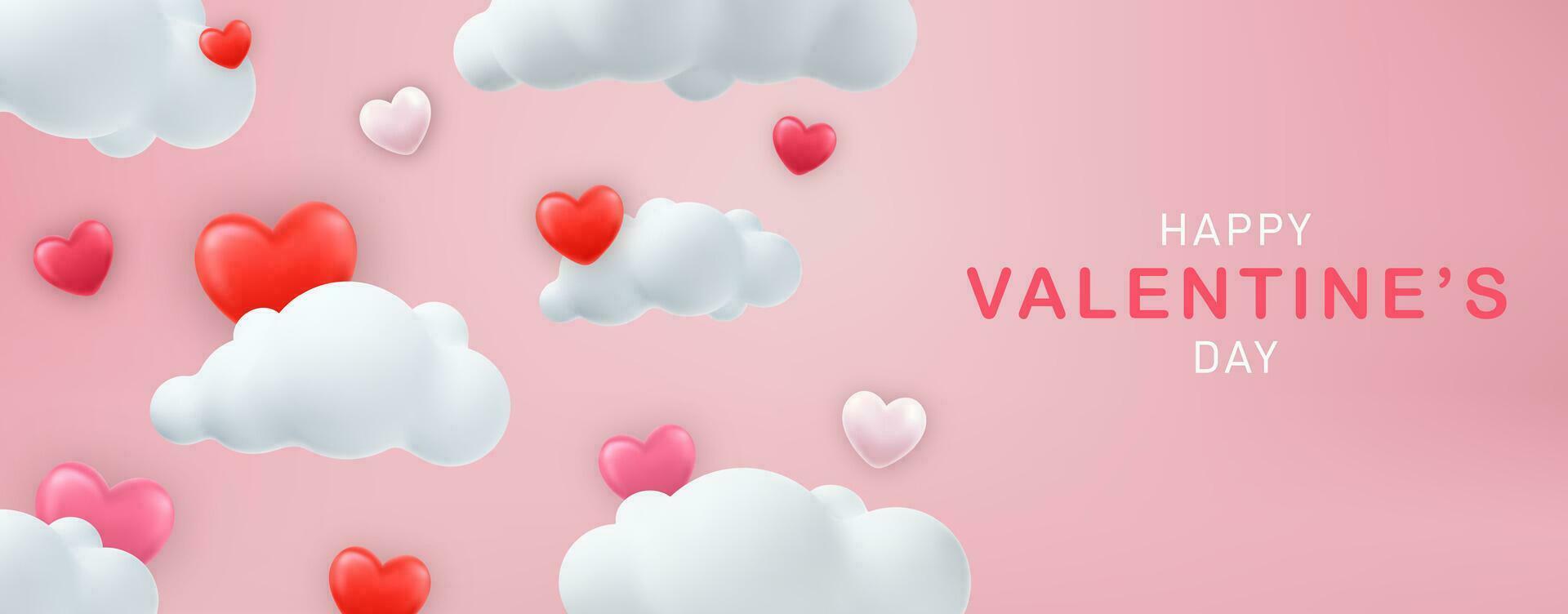 Horizontal banner with 3D heart on cloud background. Place for text. voucher template with hearts. Love concept for happy mother s day, valentine s day, birthday day. Vector illustration
