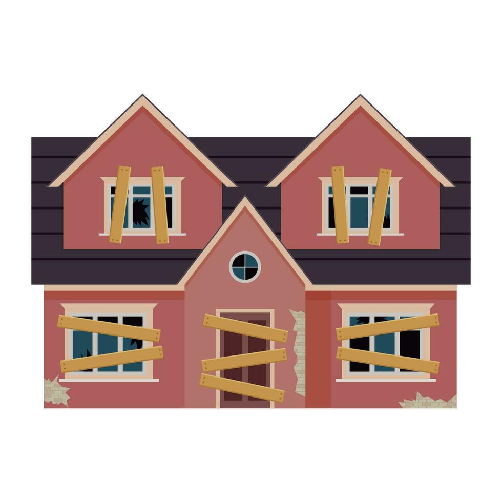 Old abandoned house cartoon. Decaying suburban cottage with broken windows. Vector illustration in a flat style