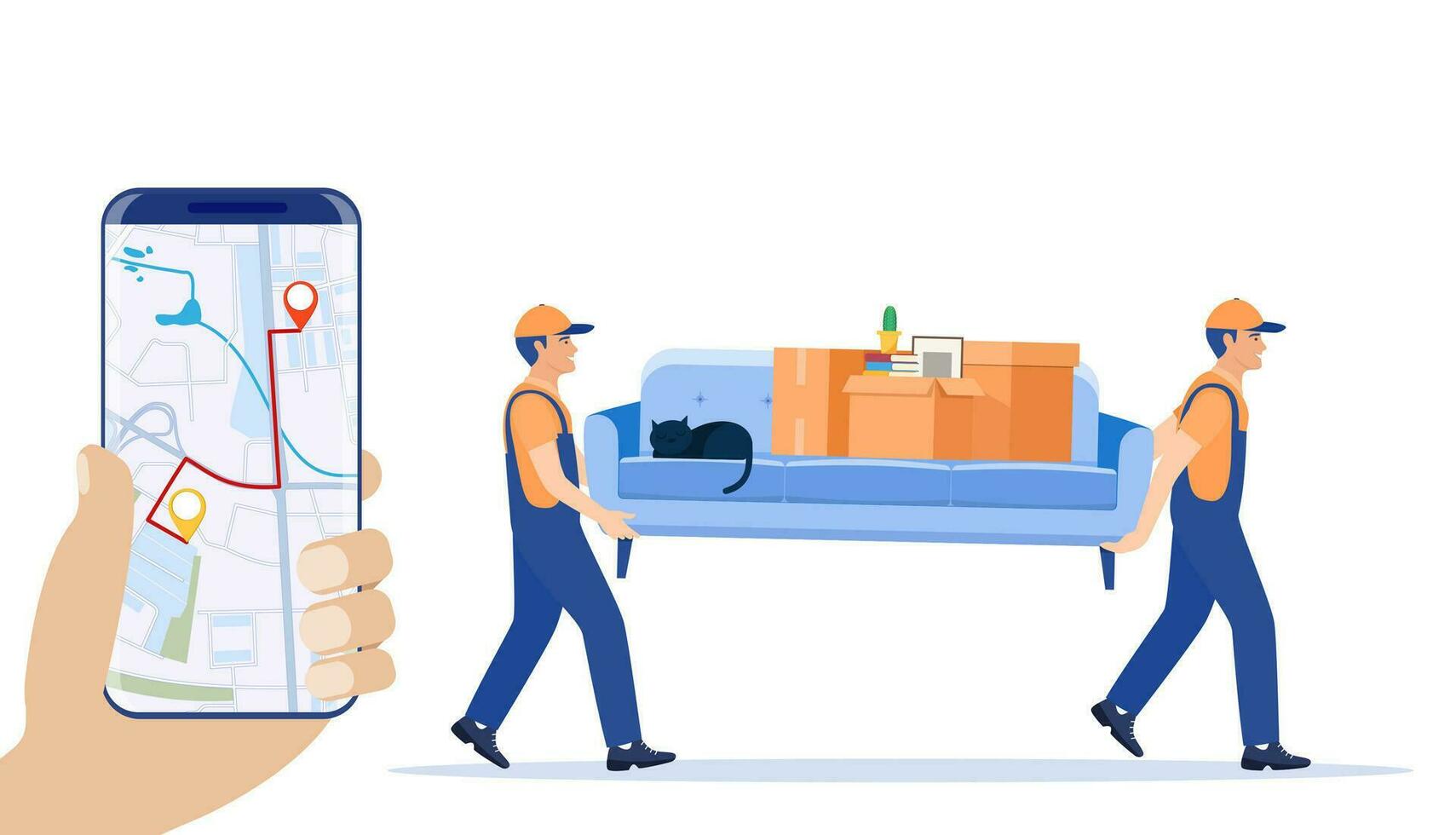 Delivery character man movers carry sofa and smartphone with map app. Porters carry couch isolated. Moving company with loaders and furniture. Vector illustration in flat style