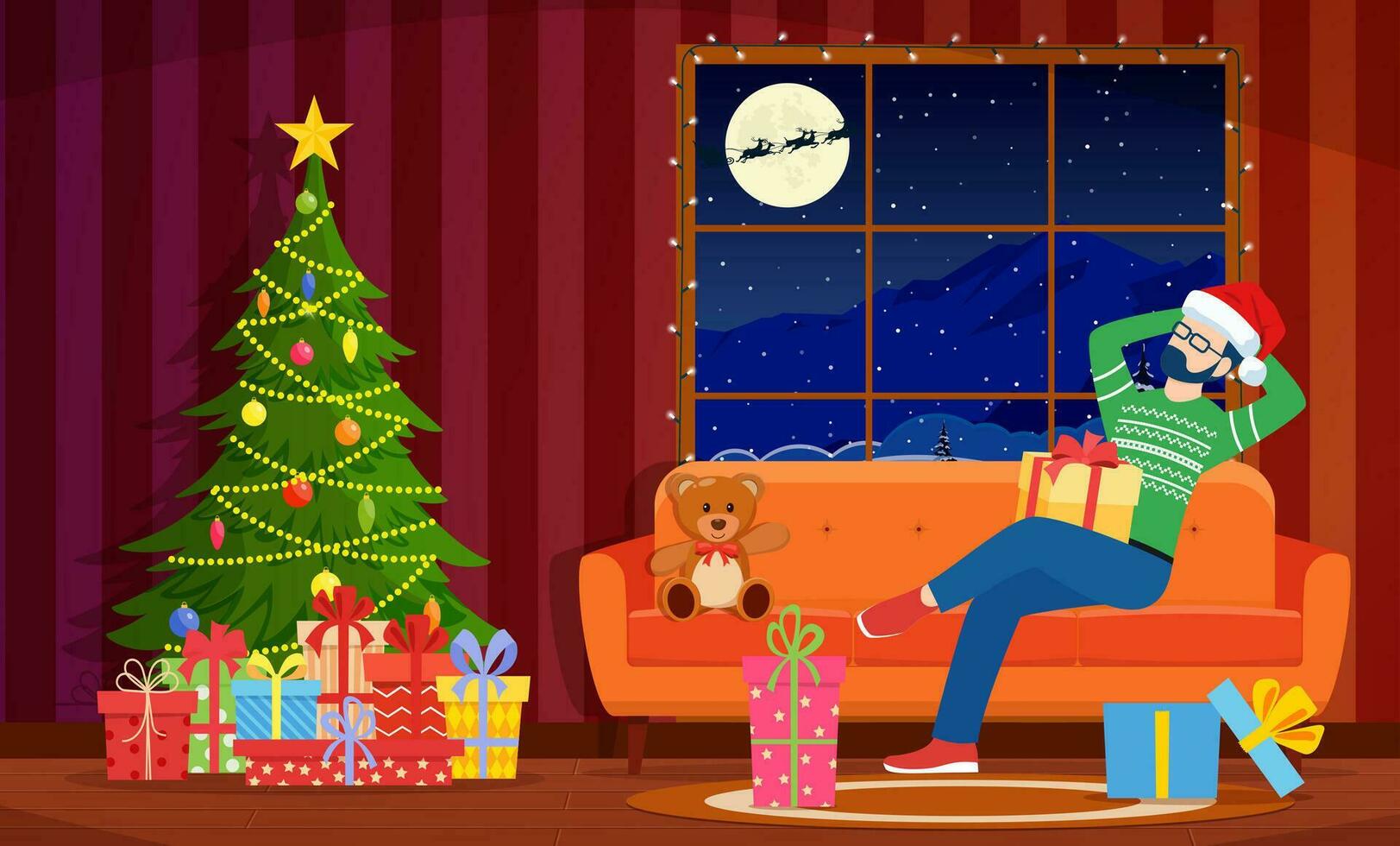 Cartoon Cozy Interior of Living Room with man on Sofa, Christmas Tree. Happy New Year Decoration. Merry Christmas Holiday. New Year and Xmas Celebration.Vector illustration in flat style vector