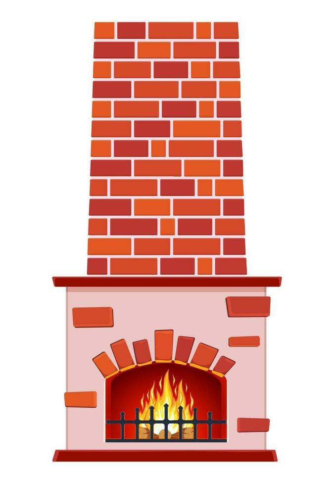 cartoon Winter interior bonfire. Classic fireplace made of red bricks, bright burning flame and smoldering logs inside. Home fireplace for comfort and relaxation. Vector illustration in flat style