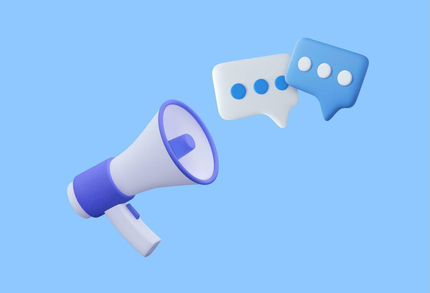 3d Megaphone with messages icon. Online marketing with loudspeaker. Blue and White. 3D Rendering. Vector illustration