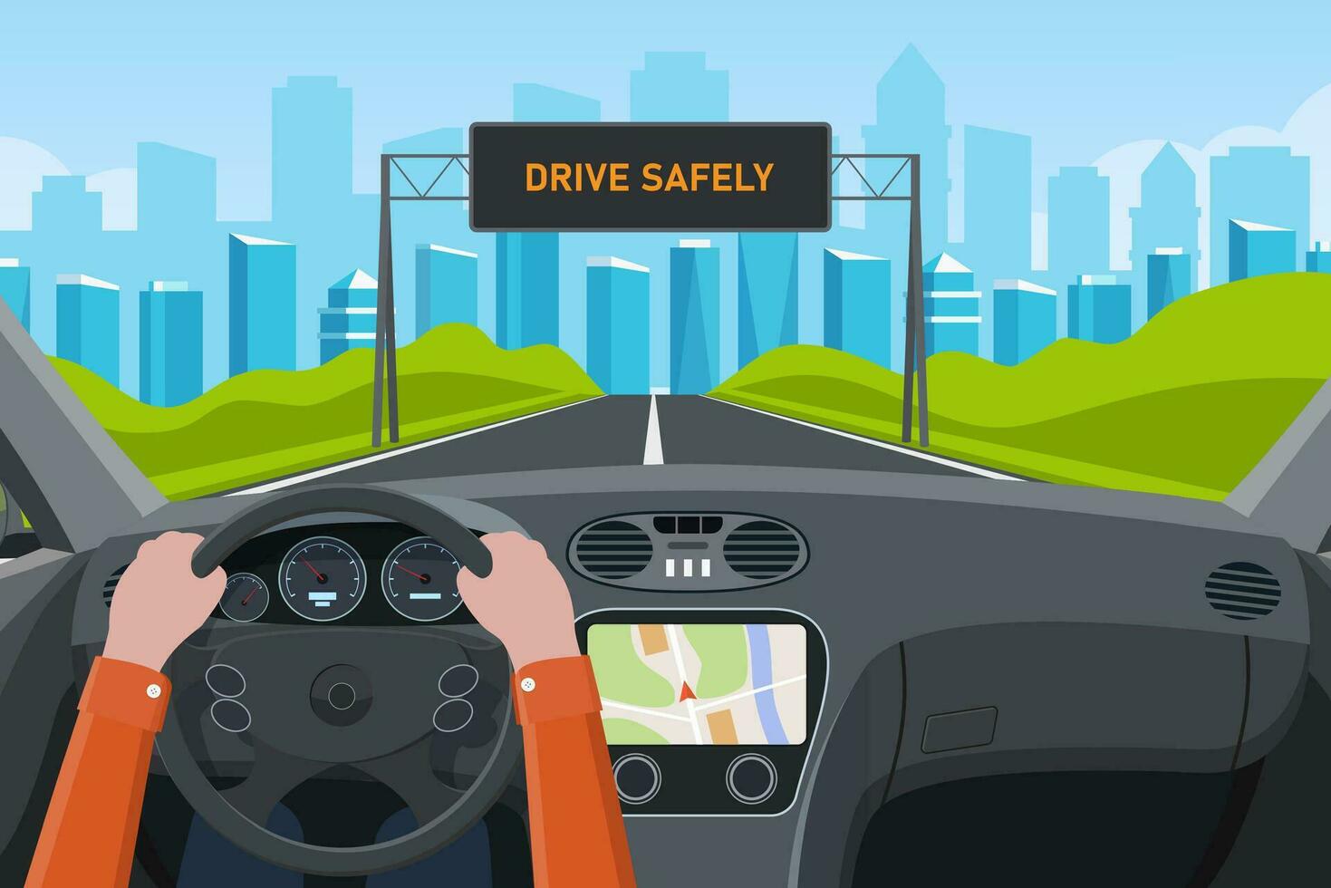 Drive safely concept. The driver s hands on the steering wheel. Drive safely warning billboard. View of the road from car interior. Vehicle salon, inside car driver . Vector illustration in flat style