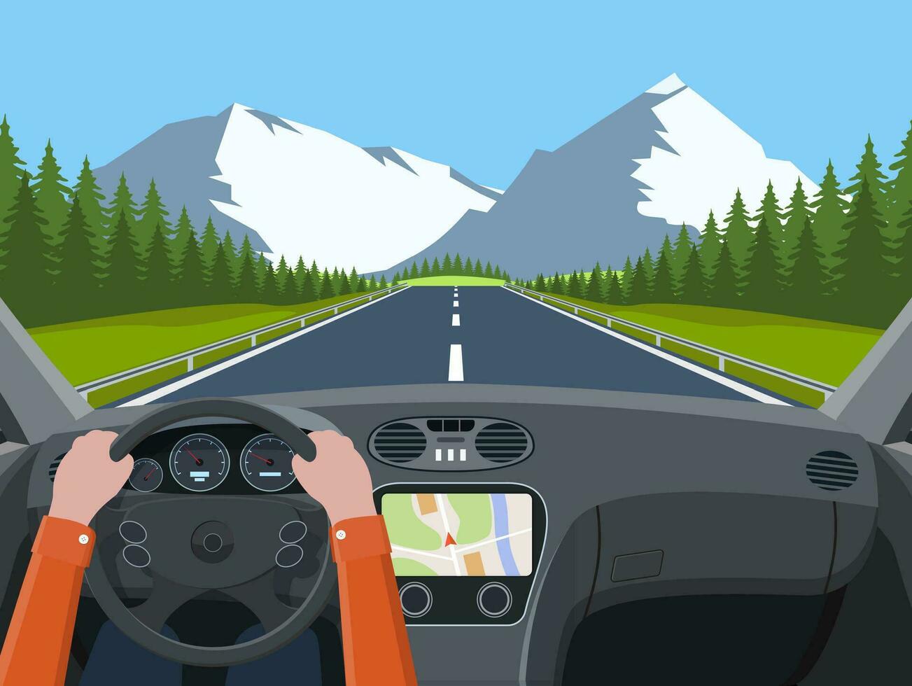 View of the road from the car interior. Vehicle salon, inside car driver . Driving simulator .Hands on Steering Wheel. Car view steering and windshield. Vector illustration in flat style