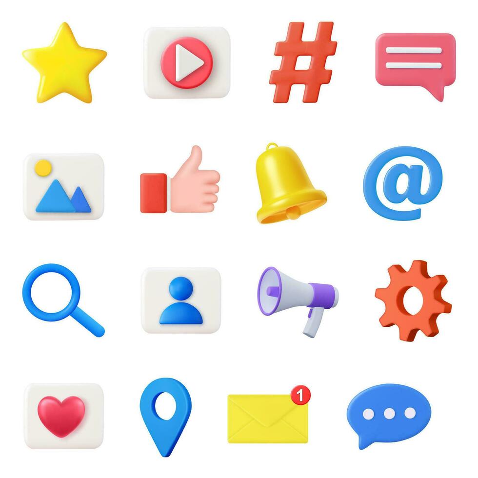 3d social media icons, online communication, digital marketing symbols. Like button, speech bubble, notification bell, hashtag icon vector set. 3d rendering. Vector illustration