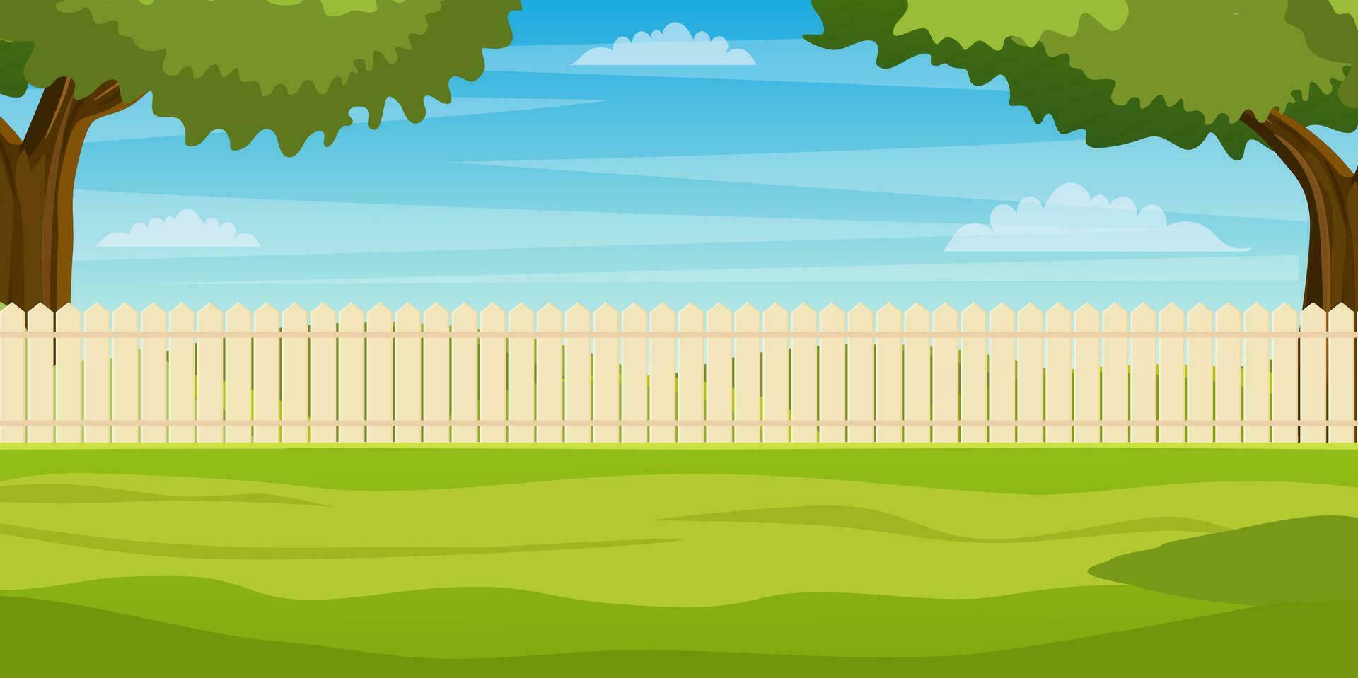 Garden backyard with wooden fence hedge, green trees and bushes, grass , park plants. Spring or summer landscape. Patio area for BBQ summer parties. Vector illustration in flat style