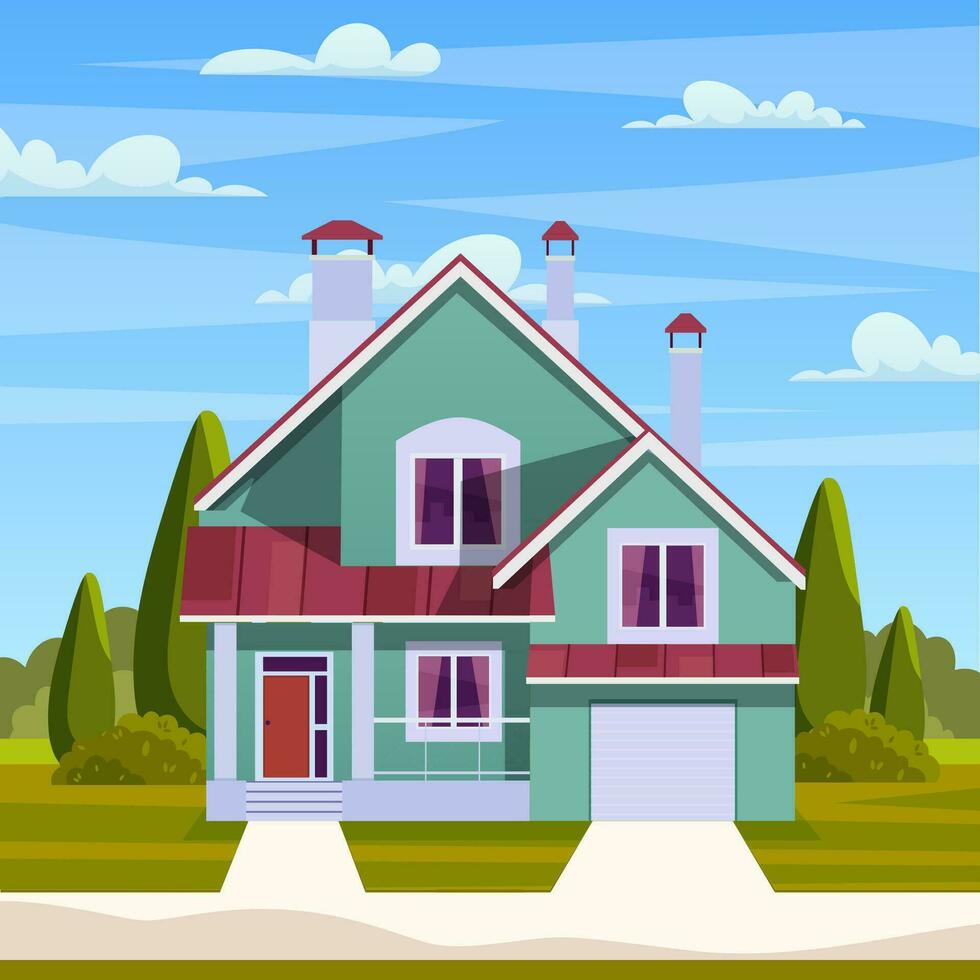 Suburban house, residential cottage, real estate countryside building exterior. Suburban home facade with garden and lawn and garage. Vector illustration in flat style