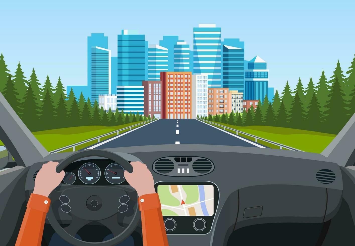 View of the road from the car interior. Road way to city buildings on horizon. Hands on Steering Wheel, inside car driver. modern big skyscrapers town far away ahead. Vector illustration in flat style