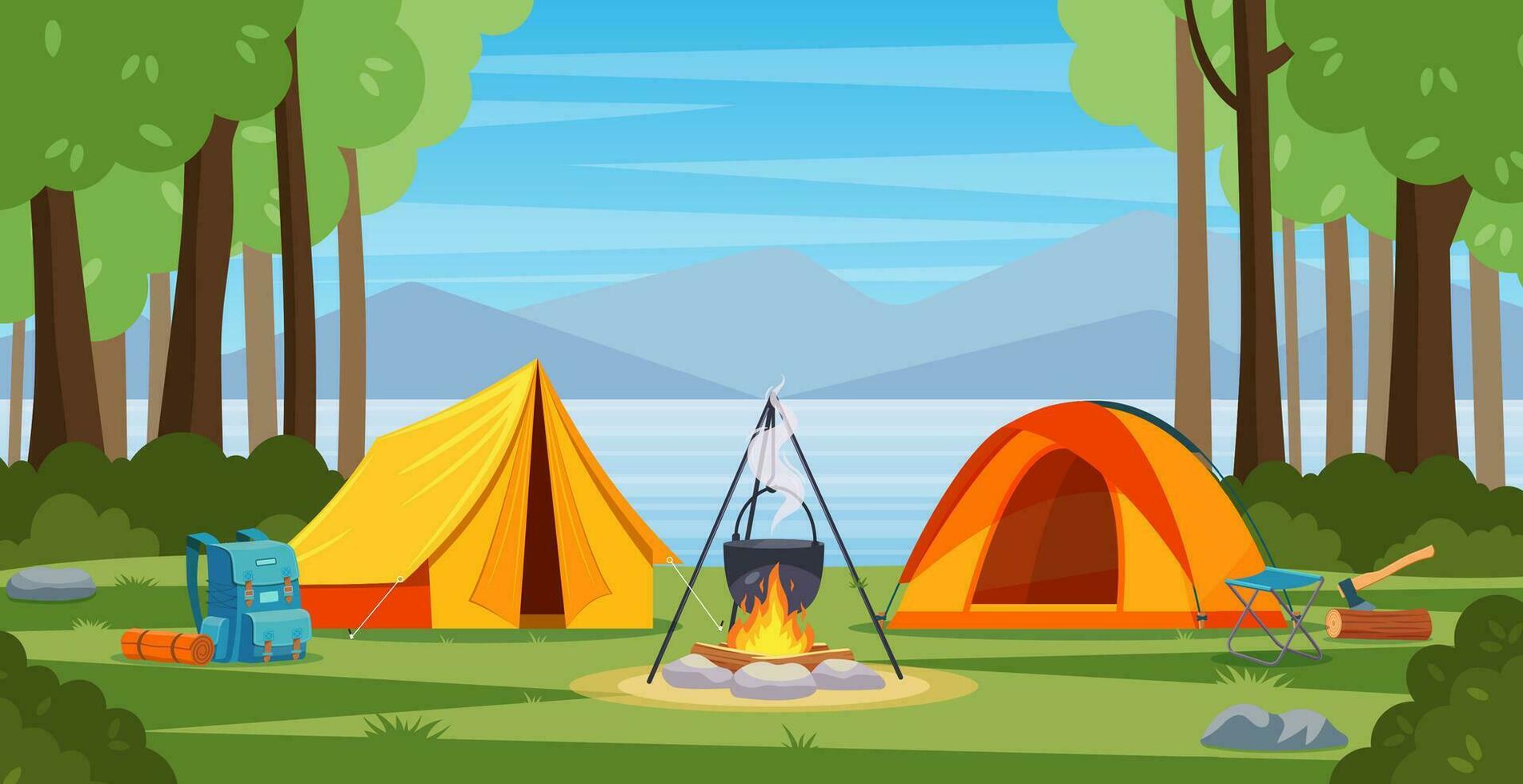 Summer camp in forest with bonfire, tent, backpack. cartoon landscape with mountain, forest and campsite. Equipment for travel, hiking. Vector illustration in flat style