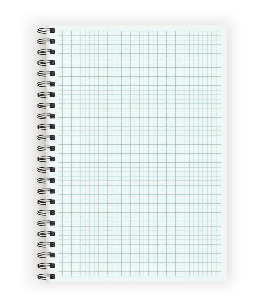 Blank realistic cell lined notebook with shadow. Copybook with blank opened ruled page on metallic spiral, dairy or organizer mockup or template for your text. vector illustration.