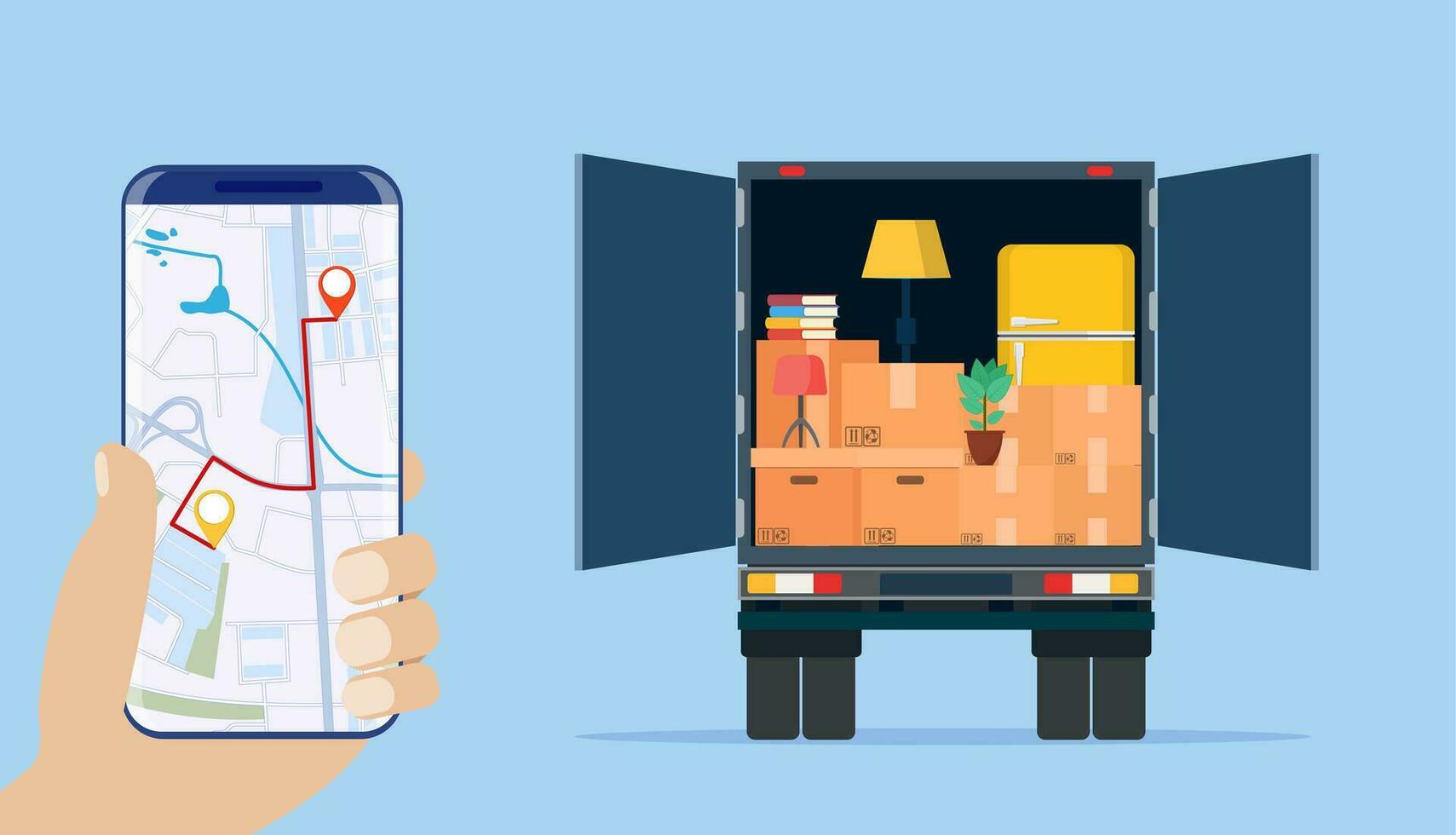 Delivery truck with household items, smartphone with map. Moving to new house. Family relocated to new home. Boxes with goods. Package transportation. Internet courier order. Flat vector illustration