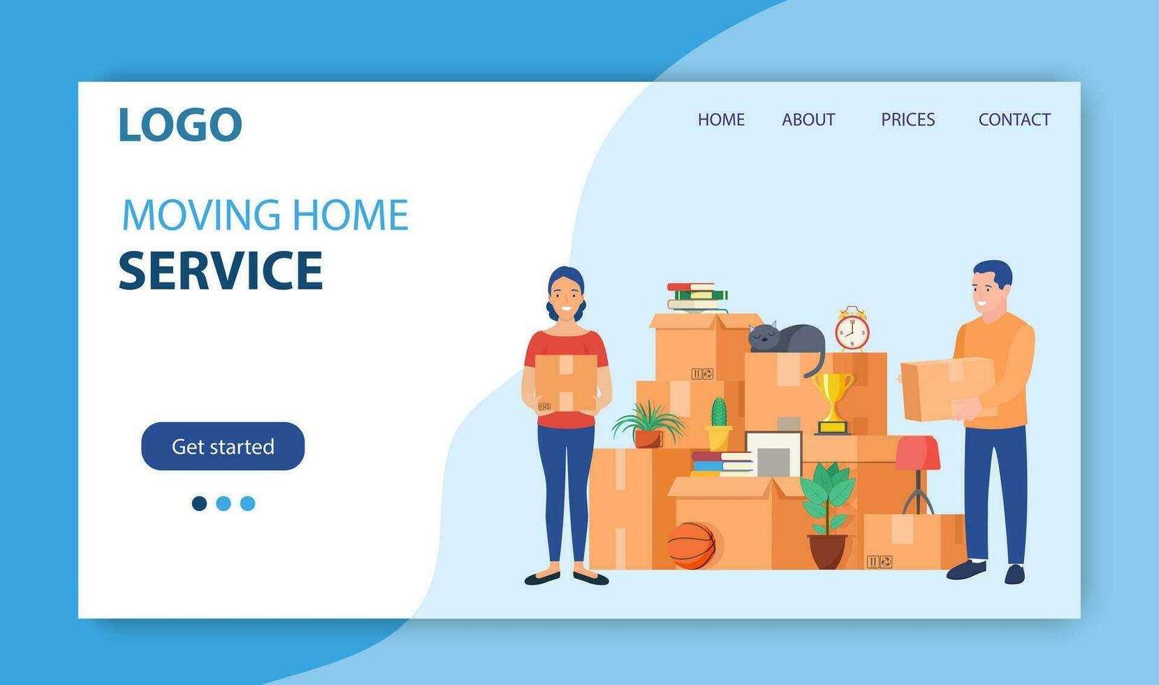 Moving to new house. Man and woman hold boxes. Home renovation, repair, buying or selling apartment. Landing page concept. Vector illustration in flat style